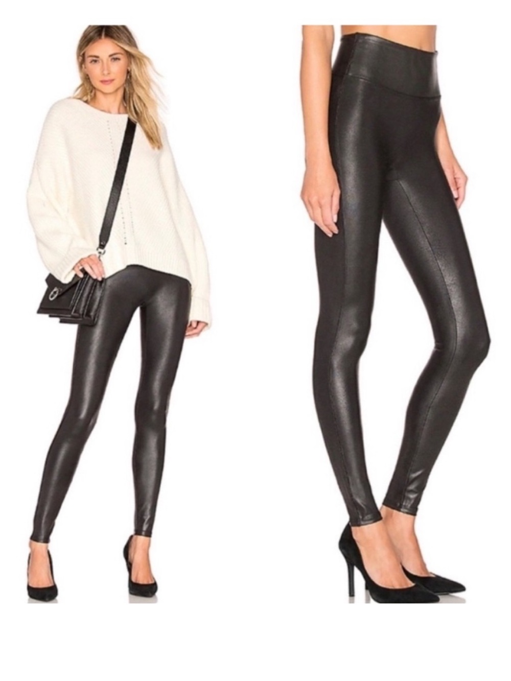 SPANX Faux Leather Leggings Black High Rise Shaping Petite S/P